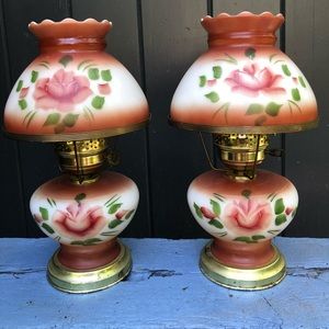 Vintage Pair Hand Painted Hurricane Lamps